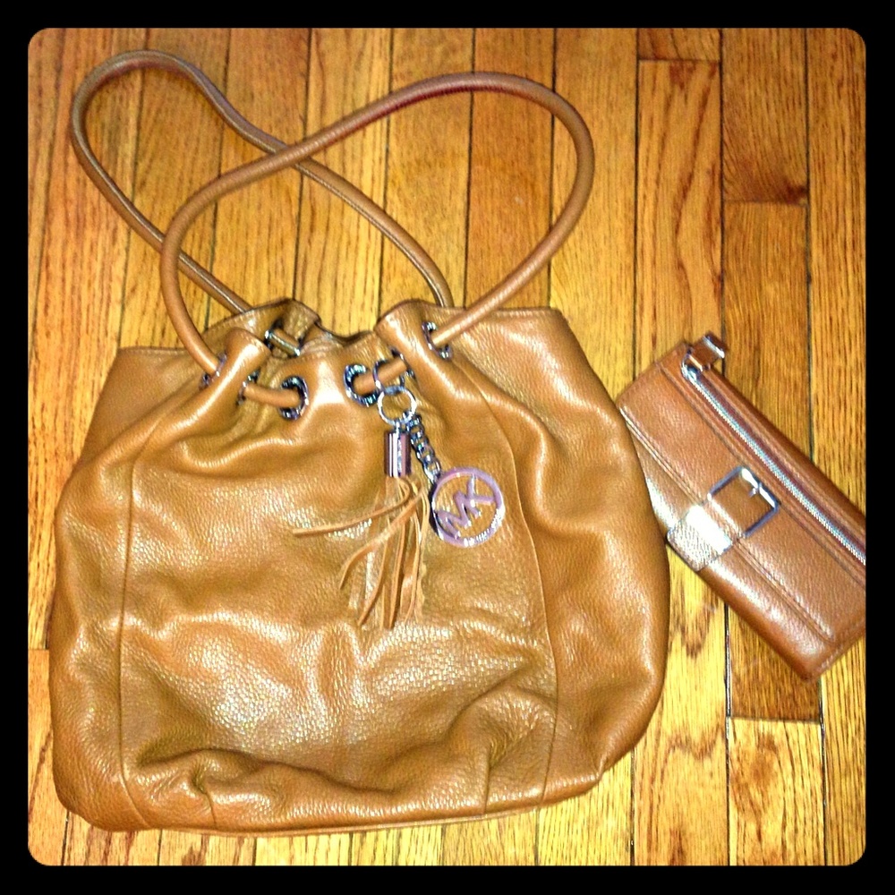 MICHAEL Michael Kors Tan Leather Drawstring Shoulder Bag with Tassel Charm